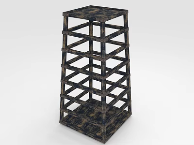 Wooden Multi Layer Shelf With Cross Frame Structure And Storage Design 3d model
