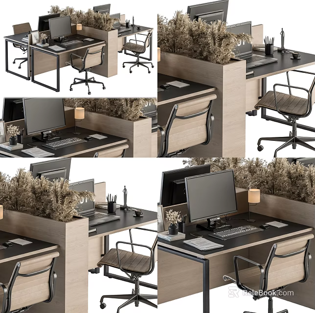 Stylish Office Desk Setup With Computer Monitor Chair Foliage Lamp And Supplies 3d model 