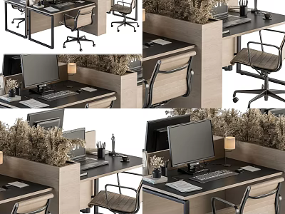 Stylish Office Desk Setup With Computer Monitor Chair Foliage Lamp And Supplies 3d model