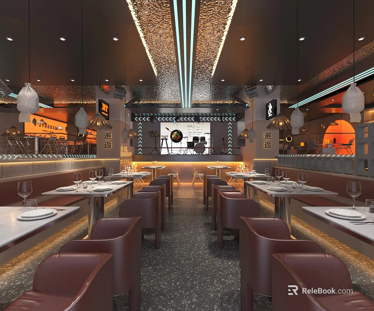 Modern Restaurant Interior With Dining Tables Leather Chairs And Stylish Lighting Design 3d model 