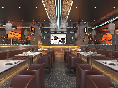 Modern Restaurant Interior With Dining Tables Leather Chairs And Stylish Lighting Design 3d model