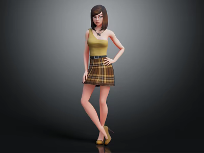 Stylish Female Character in Yellow Top and Plaid Skirt with Short Hair and High Heels 3d model