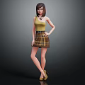 Stylish Female Character in Yellow Top and Plaid Skirt with Short Hair and High Heels