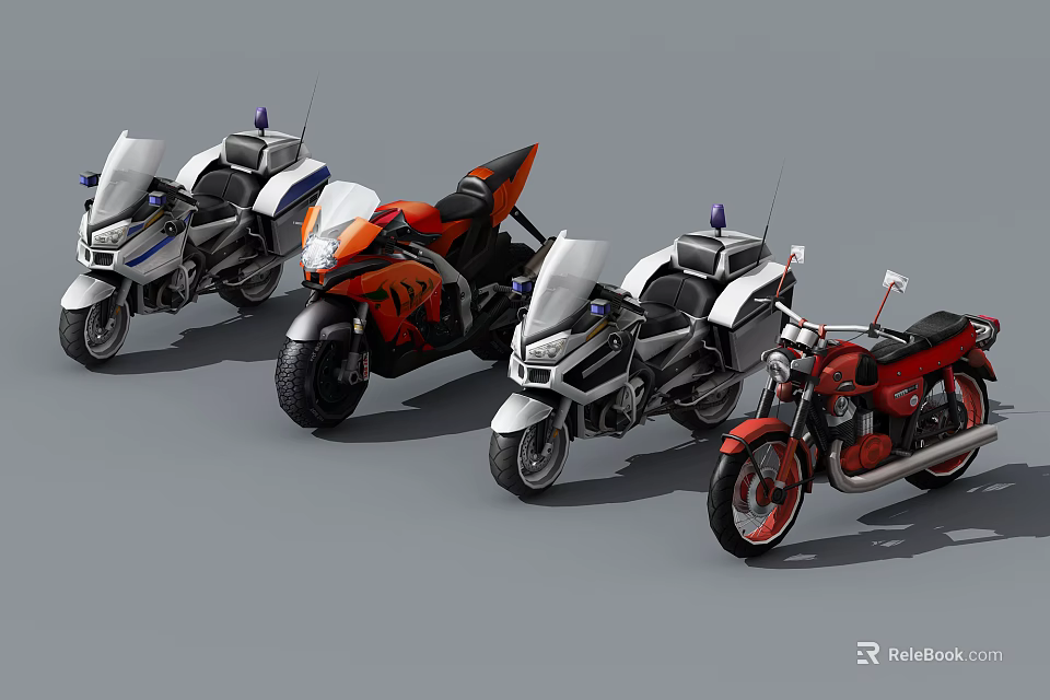 Different Style Motorcycles Including Police Sport And Vintage Models In Various Colors 3d model 