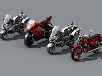 Different Style Motorcycles Including Police Sport And Vintage Models In Various Colors 3d model