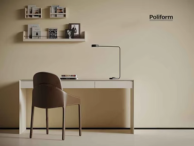 Polliform Modern Desk with Chair Table Lamp and Wall Shelves in Minimalist Room 3d model
