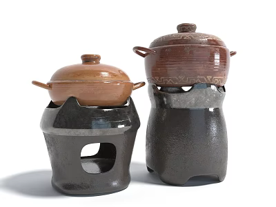 Traditional Ceramic Cookware Set with Lids and Decorative Stands in Brown Dark Gray Design 3d model