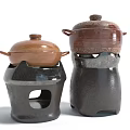 Traditional Ceramic Cookware Set with Lids and Decorative Stands in Brown Dark Gray Design