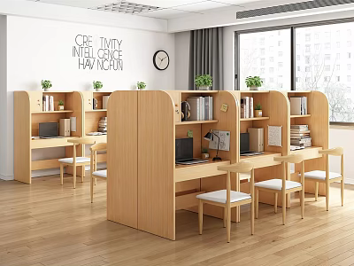 Modern Office Workspace Interior With Wooden Cubicle Desks Computers Green Plants And Windows 3d model