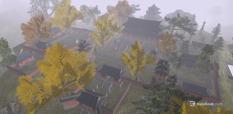 Ancient Architecture Traditional Courtyard With Classic Roof Structures And Autumn Yellow Trees 3d model 