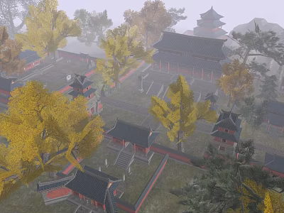 Ancient Architecture Traditional Courtyard With Classic Roof Structures And Autumn Yellow Trees 3d model