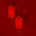 Two Traditional Red Lanterns Hanging On Red Background With Golden Decorative Lines
