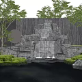 Garden Rock Waterfall Decorative Feature With Stones Green Plants Trees And Wooden Wall