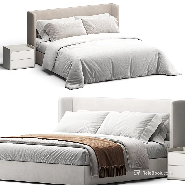 Modern Double Bed with Upholstered Headboard Soft Pillows White Linens and Wooden Nightstand 3d model 