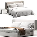 Modern Double Bed with Upholstered Headboard Soft Pillows White Linens and Wooden Nightstand