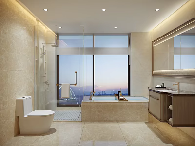 Elegant Modern Bathroom Interior With Bathtub Toilet Large Mirror And Window View 3d model