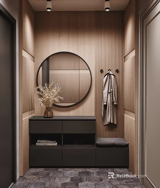 Modern Shoe Cabinet Design With Round Mirror Wooden Wall Bench And Dried Plants 3d model 