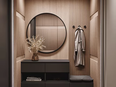 Modern Shoe Cabinet Design With Round Mirror Wooden Wall Bench And Dried Plants 3d model