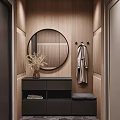 Modern Shoe Cabinet Design With Round Mirror Wooden Wall Bench And Dried Plants