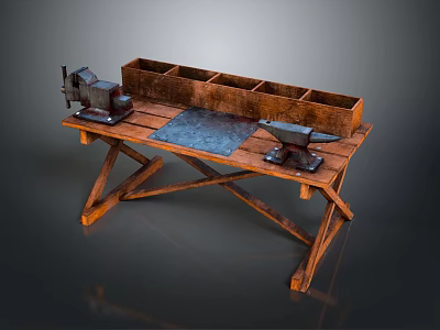 Sturdy Traditional Wooden Workbench Featuring Vise Anvil And Divided Storage Sections 3d model