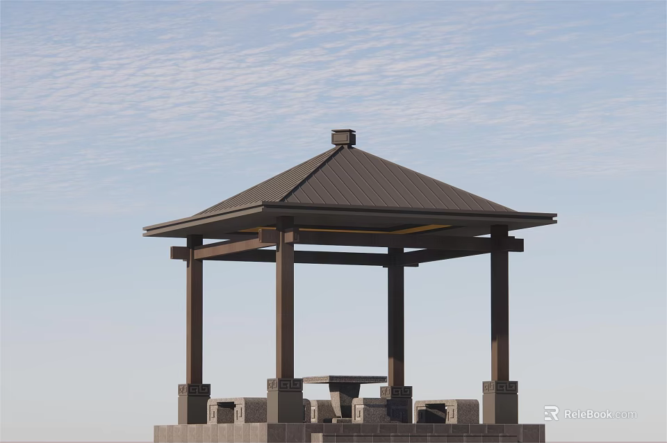 Garden Landscape Featuring Traditional Wooden Gazebo With Stone Base And Table Under Blue Sky 3d model 