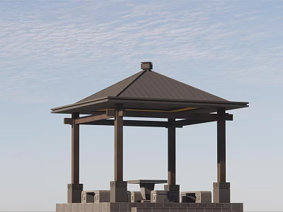 Garden Landscape Featuring Traditional Wooden Gazebo With Stone Base And Table Under Blue Sky 3d model