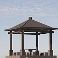 Garden Landscape Featuring Traditional Wooden Gazebo With Stone Base And Table Under Blue Sky