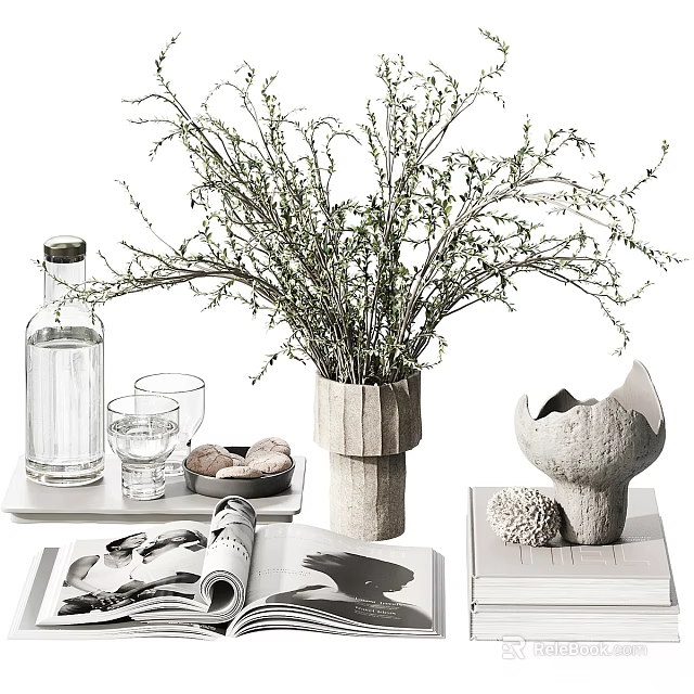 Decorative Ornament Arrangement With Botanical Vase Tray Glass Bottle Books And Sculpture 3d model 
