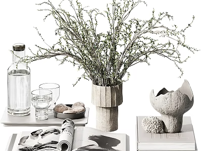 Decorative Ornament Arrangement With Botanical Vase Tray Glass Bottle Books And Sculpture 3d model