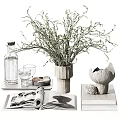 Decorative Ornament Arrangement With Botanical Vase Tray Glass Bottle Books And Sculpture