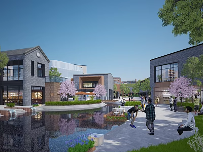 Modern Commercial Street With Waterfront Cherry Blossom Trees And Pedestrian Activities 3d model