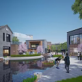 Modern Commercial Street With Waterfront Cherry Blossom Trees And Pedestrian Activities