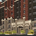 Red Brick Multi Story Building With Stone Base Windows And Decorative Roof 3d model