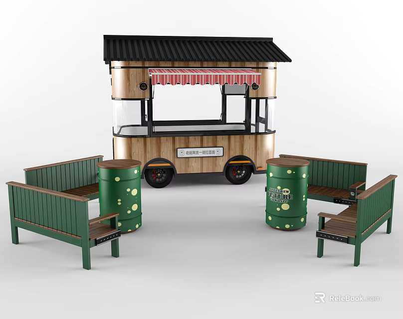 Functional Outdoor Mobile Food Cart With Canopy Green Benches And Barrels 3d model 