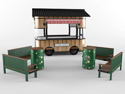 Functional Outdoor Mobile Food Cart With Canopy Green Benches And Barrels 3d model