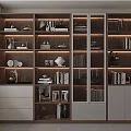 Modern Wooden Display Cabinet With Glass Doors And Shelves Showcasing Books Decorative Items And Lighting