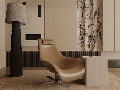 Tan Accent Chair With Side Table Floor Lamp And Marble Curtains In Minimalist Interior 3d model