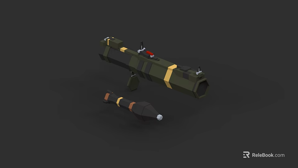 3D Military Rocket Launcher With Green And Yellow Stripes Design And Ammunition In Studio 3d model 