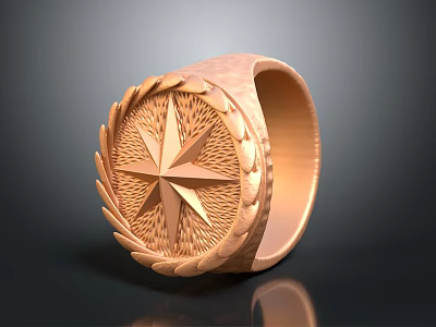 Copper Colored Fashion Ring With Star Engraving Laurel Leaf Decoration And Emblem Design 3d model