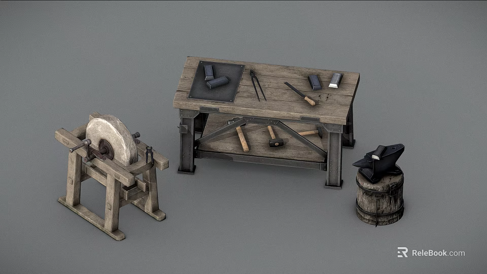 Hardware Tools on Wooden Workbench with Grinding Wheel Anvil and Barrel 3d model 