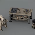 Hardware Tools on Wooden Workbench with Grinding Wheel Anvil and Barrel