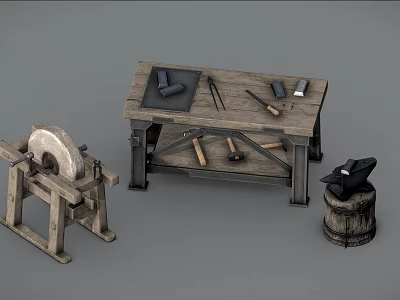 Hardware Tools on Wooden Workbench with Grinding Wheel Anvil and Barrel 3d model
