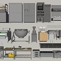 Modern Kitchen Appliances Display Featuring Refrigerators Ovens Blenders Worktables And Stainless Steel Cabinets