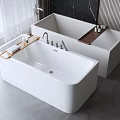 Modern White Bathtubs With Chrome Faucets Wooden Shelves Towels And Toiletries In Minimalist Bathroom