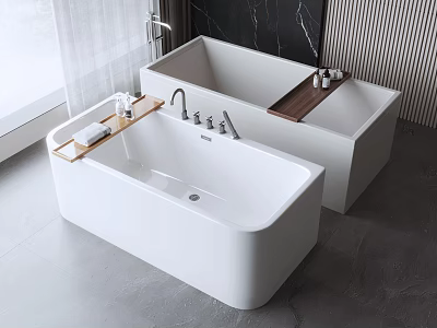 Modern White Bathtubs With Chrome Faucets Wooden Shelves Towels And Toiletries In Minimalist Bathroom 3d model