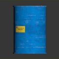 Standing Blue Barrel With Yellow Essential Label On Dark Reflective Surface