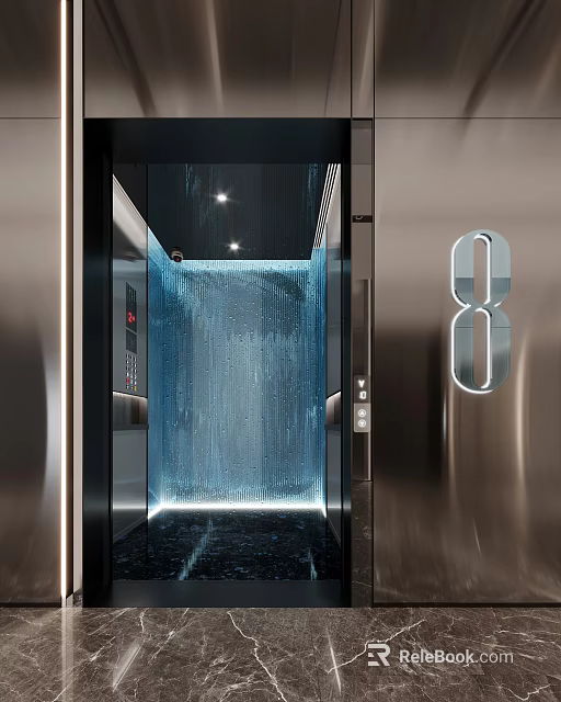 Modern Elevator Hallway Interior With Blue Water Curtain And Ambient Lighting 3d model