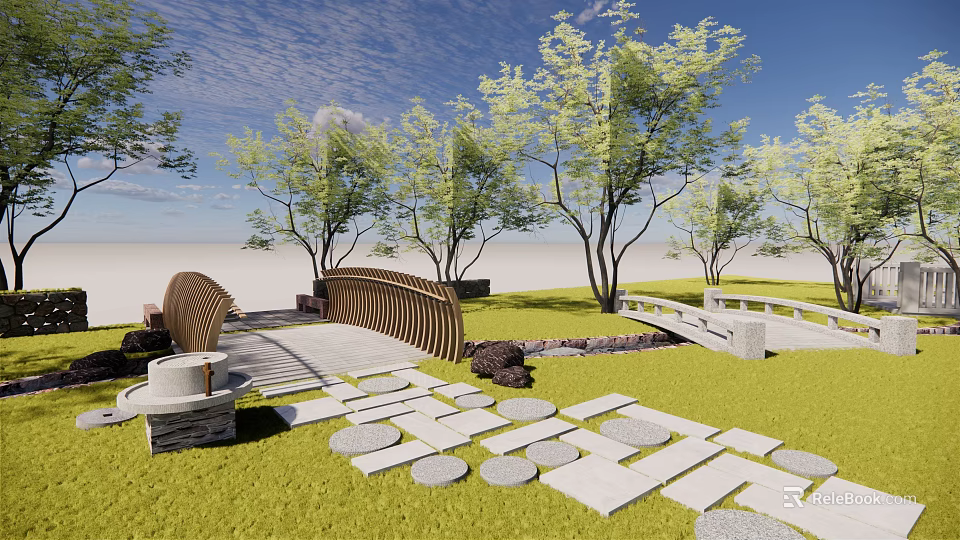 Curved Wooden Landscape Bridge In Natural Park With Green Grass And Trees 3d model 