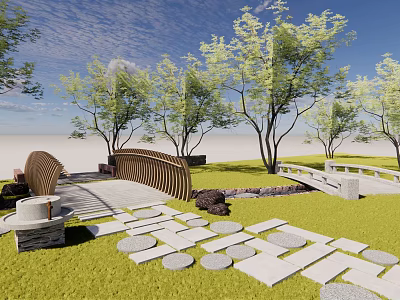 Curved Wooden Landscape Bridge In Natural Park With Green Grass And Trees 3d model