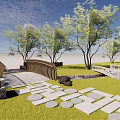 Curved Wooden Landscape Bridge In Natural Park With Green Grass And Trees